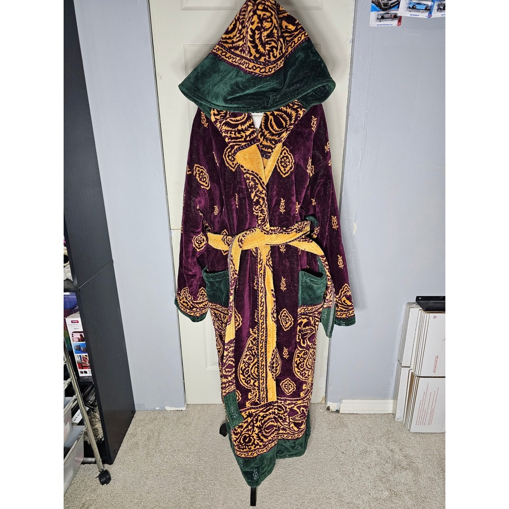 Bathrobe Company Covent Garden London Purple Paisley Hooded Velvet Robe Large